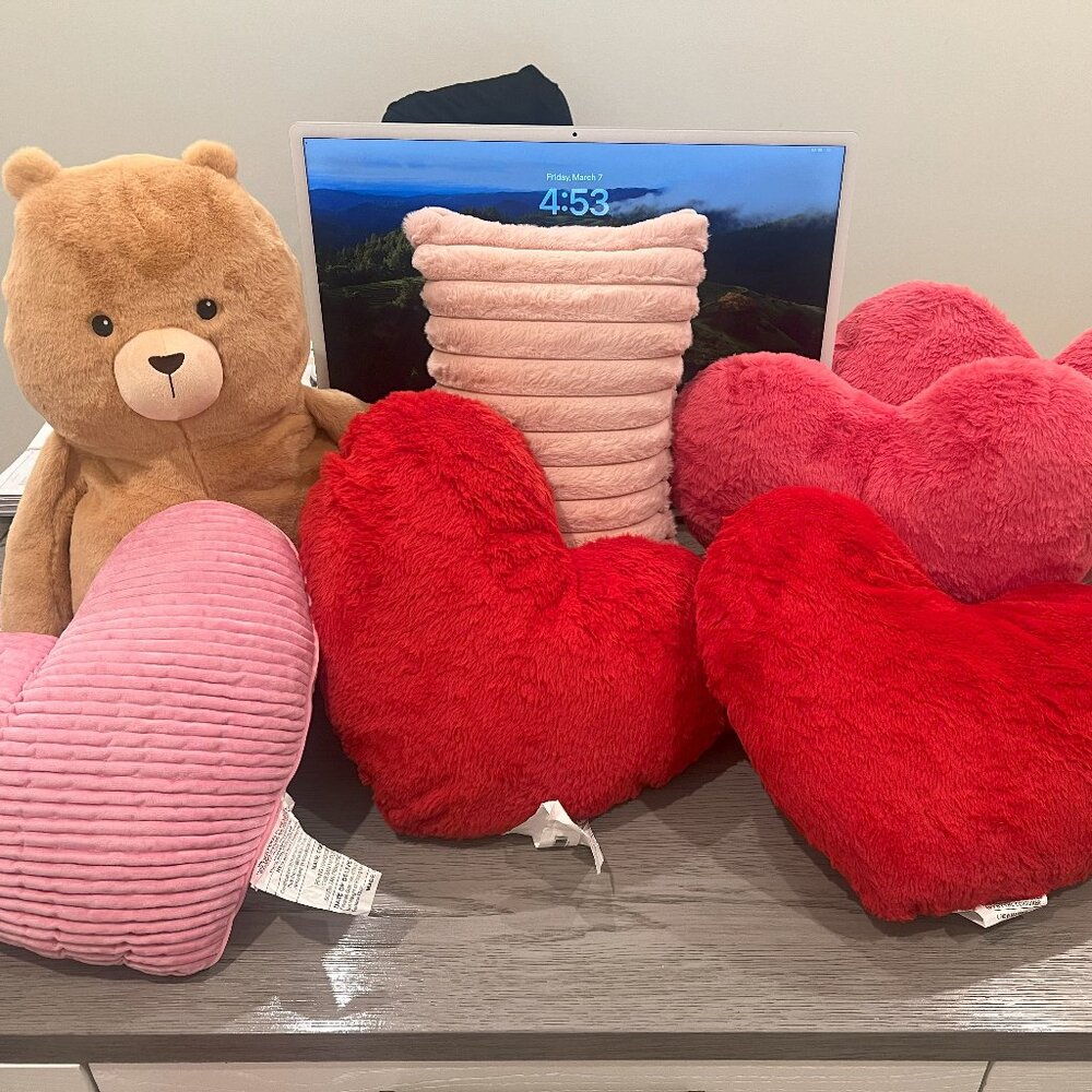 Pink & Red Heart Throw Pillows plus Large Soft Teddy Bear - 8 items total